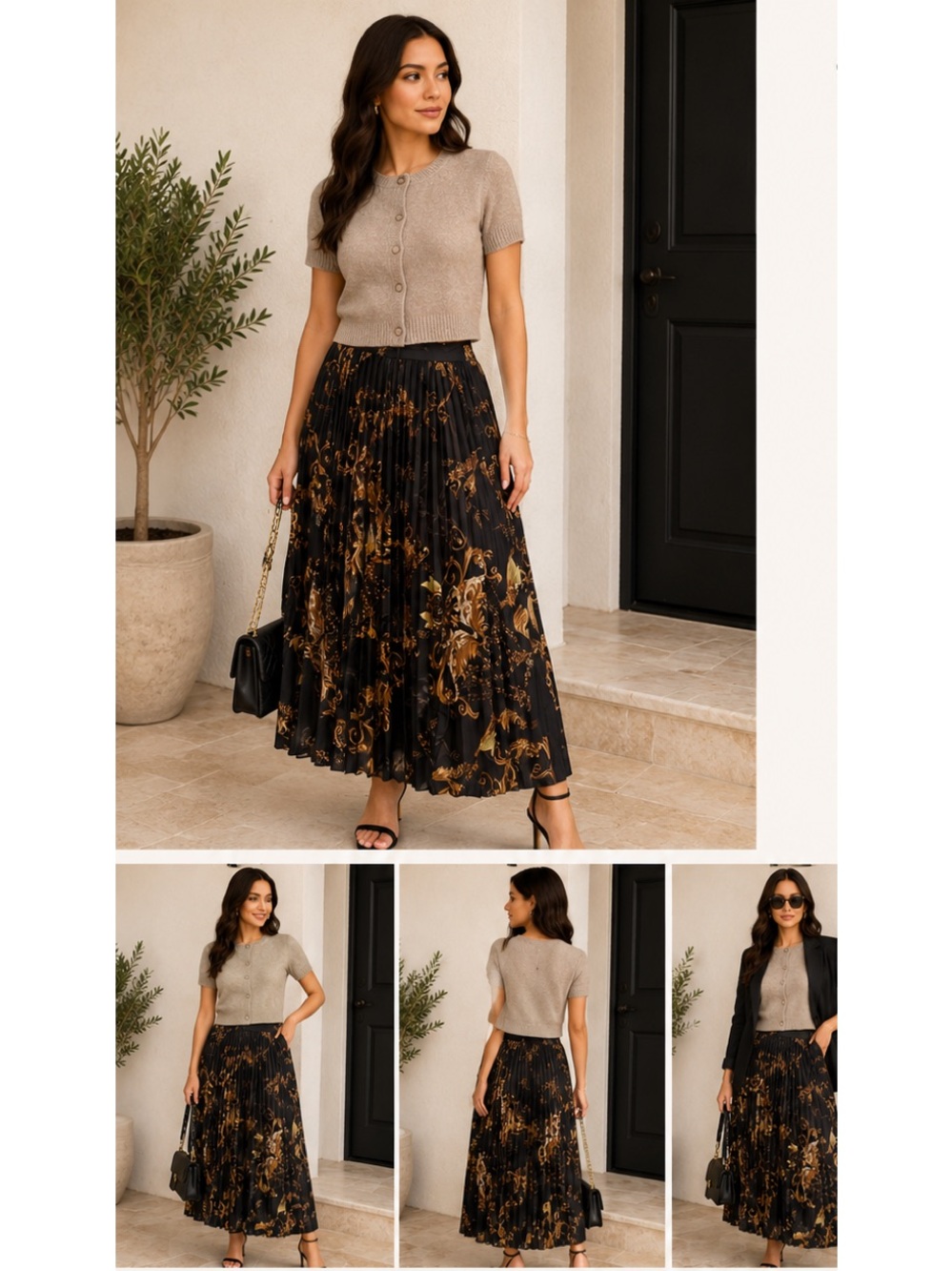 Pleated Floral Print Maxi Skirt - Black and Gold